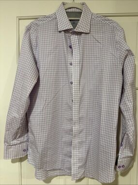 Twillory Performance Dress Shirt 16 32/33 Tailored Fit Purple Blue Grid Check